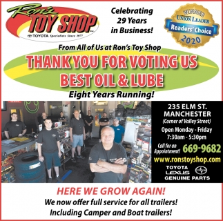 Thank You For Voting Us Best Oil & Lube, Ron&#39;s Toy Shop, Manchester, NH